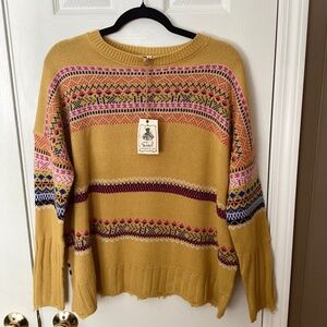 NWT Easel Yellow Fair Isle Knit Sweater | Boho Distressed Hem | Size S